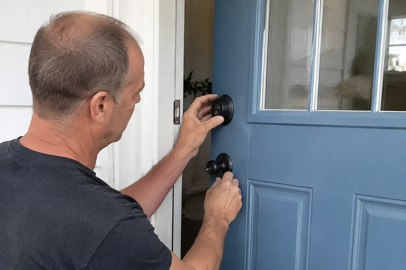 Person holding the black deadbolt and doorknob of a partly open blue front door. — Deadbolt Installation, Brampton