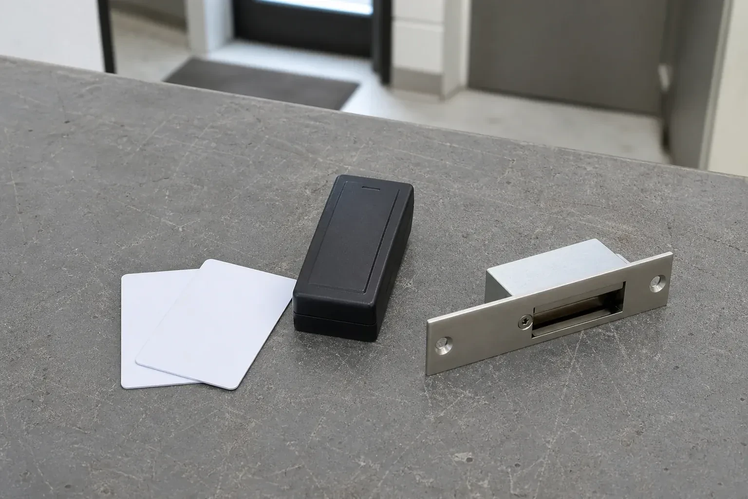 Detached card reader, two plain cards and an electric-strike component on a service bench. — Access Control Installation, Brampton
