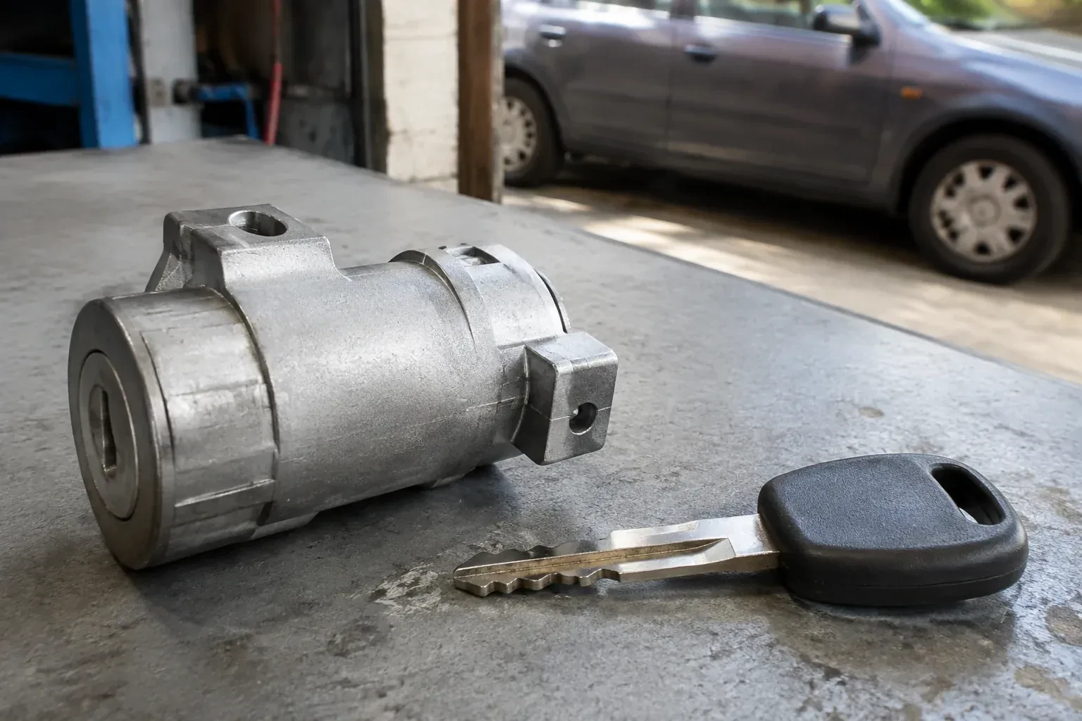 Detached cylindrical lock housing and black-headed key on an automotive workbench. — Ignition Lock Repair, Brampton