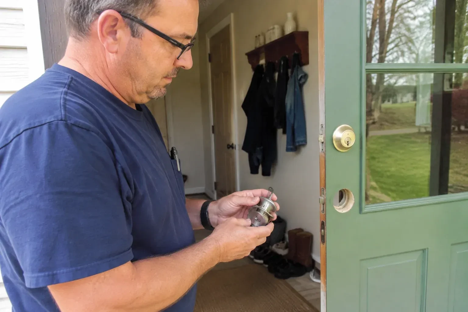Person holding a cylindrical door-lock assembly beside an open green glazed door with its lower lock opening exposed. — Seized & Jammed Lock Opening, Brampton