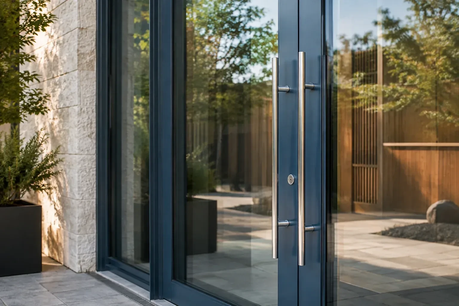 Dark-framed glass entrance doors with long silver-colored vertical pull handles and a round keyhole. — Business Lockout Service, Brampton