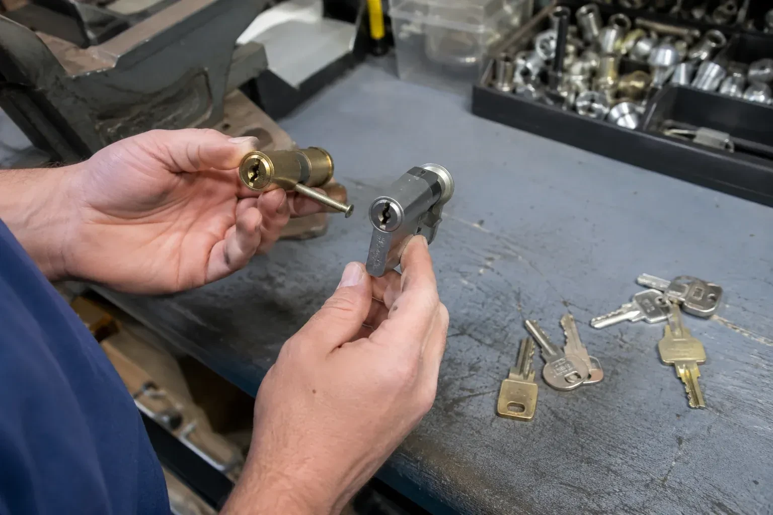 Hands comparing detached lock cylinders beside loose keys on a workbench. — Broken Key Extraction, Brampton