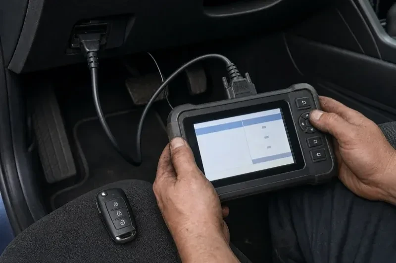 Hands holding a diagnostic tablet connected beneath a car dashboard, with a key fob resting on the person’s leg. — Key Fob Programming, Brampton
