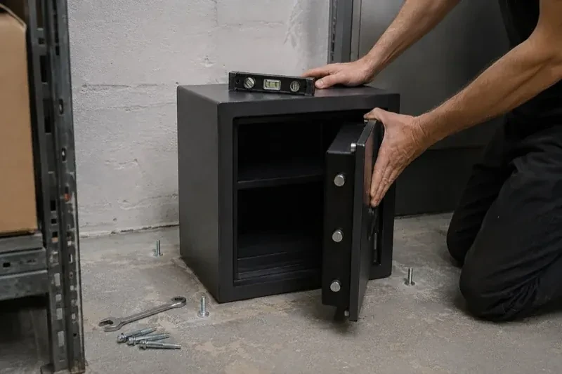 Person kneeling beside an open black safe with a spirit level on top and loose bolts and a wrench on the concrete floor. — Safe Installation & Servicing, Brampton