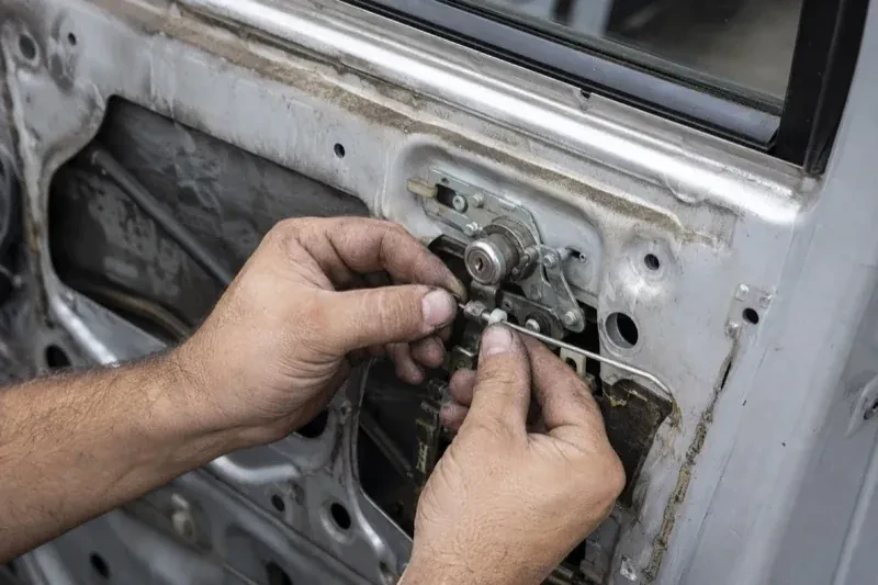 Hands holding a small linkage beside an exposed car-door lock mechanism with the interior trim removed. — Vehicle Lock Repair, Brampton