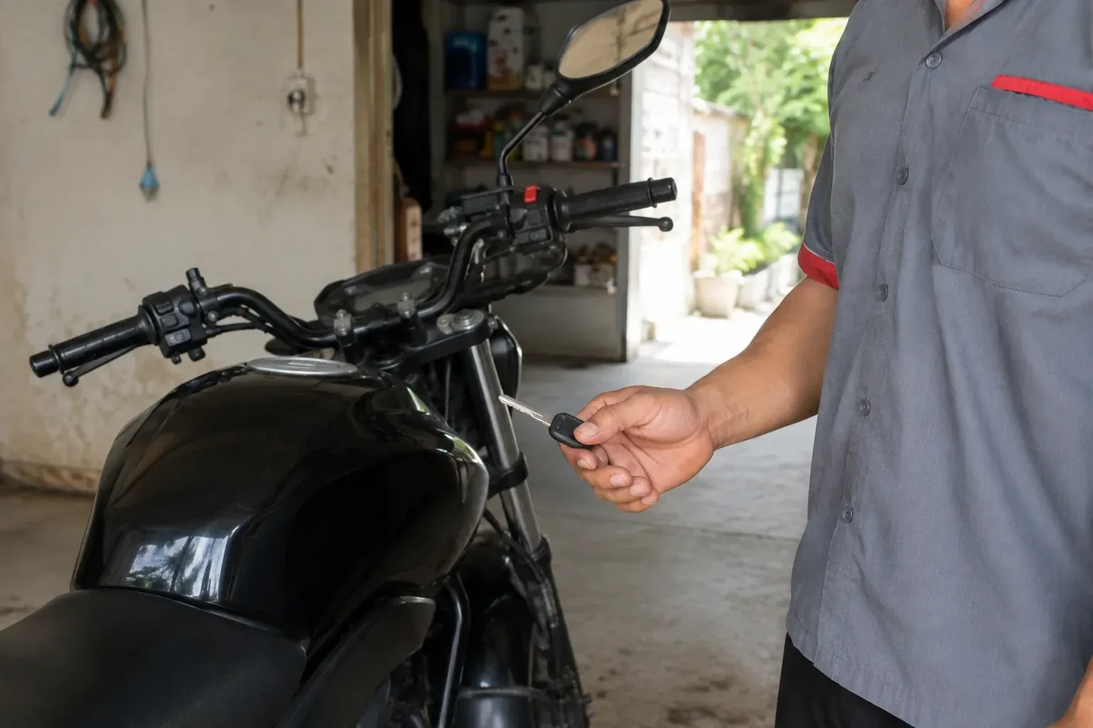 Technician holding a black-headed key beside a parked motorcycle. — Motorcycle & Scooter Keys, Brampton