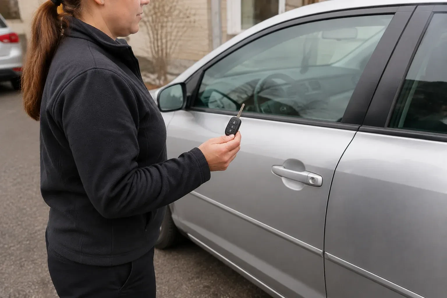 Technician holding a remote key with an extended blade beside a silver car. — Car Key Replacement, Brampton