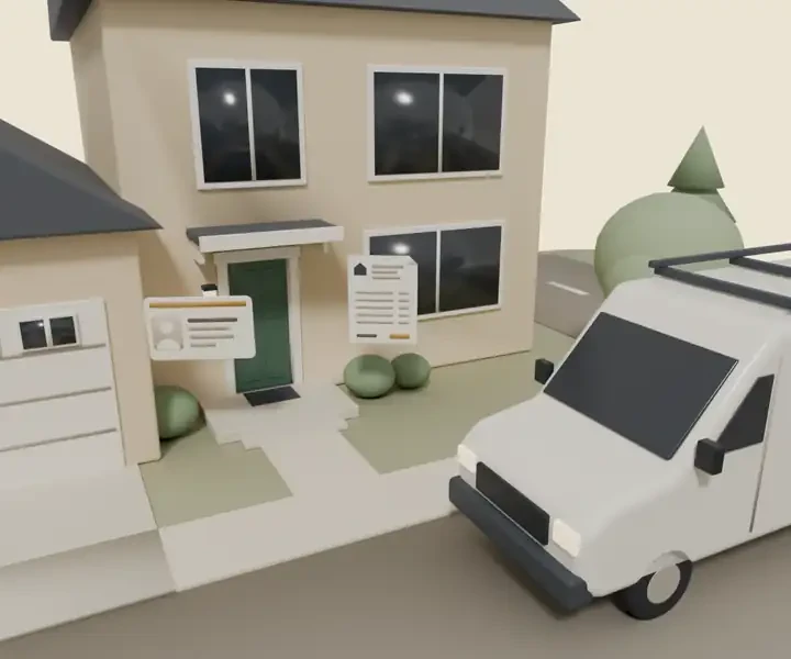 Illustration: the van outside the house, a photo ID card by the front door, then the options laid out and one chosen