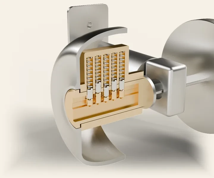 The same deadbolt with the housing cut away to show the cylinder and its plug